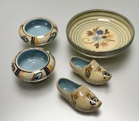 A collection of Hartrox Pottery comprising, two crocus bowls with leaf and striped pattern (h-