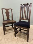 A group of two Georgian oak side chairs, one with splat back and plank seat on square supports and