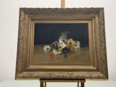 A 20thc School, Still Life of Pansies and a Jug, oil on canvas, unsigned, in a gilt composition
