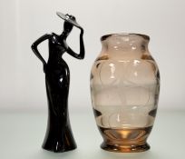 A Blush pink vase, with an acid etched female silhouette to centre (h-22cm) together with a red clay