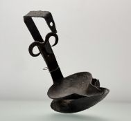 A pair of 18thc /early 19thc Scottish wrought iron wall mounting oil crusie lamps: h. x 16cm l.