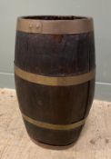 An antique coopered oak stick/ umbrella stand, in the form of a brass-mounted barrel: h.x 64cm l.x