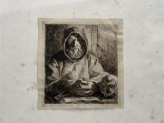 Charles-Émile Jacque (French 1813-1894), Seated Hooded Monk with clasped hands on open book with