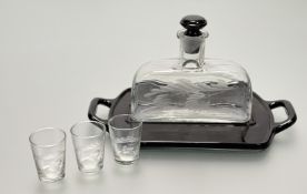 A Paden City Betty Mae cut floral decanter set, with three shot glasses (h-5cm), a decanter and a