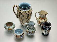 A collection of Hartrox Pottery comprising, a large pitcher with crawling vine leaf pattern glaze (