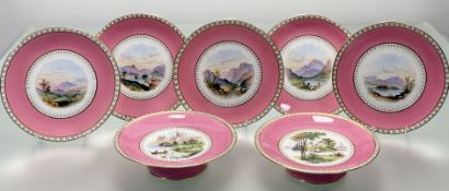 A 19thc pink and gilt enclosing a hand-painted scene to centre dessert service comprising, five