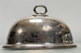 An Edwardian epns oval dome top meat/ serving dish cover with handle to top and all over engraved