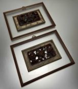 A pair of hand carved Chinese relief panels of birds and flowers, mounted in a glazed gilt and red-