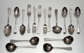 A George VI London silver part suite of flatware to include a table spoon, four soup spoons: l. x