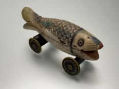 A Vintage Toy in the form of a Fish hand-painted, with two carved fitted compartments to interior,