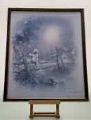 A pair of Andres Orpinas prints, one depicting a Boy seated on a fence with fishing gear, the