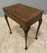 A reproduction Burr walnut side table, rectangular moulded top over freize drawer with carved