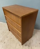 A Mid-century teak chest of drawers, fitted with four long drawers to front, on a plinth base: H.