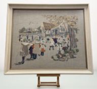 An embroidered wool threads Vicotrian scene depicting Children Playing in the School Playground,