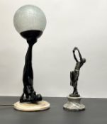 A contemporary Art Deco style lamp formed as a female figure holding a large globe glass shade