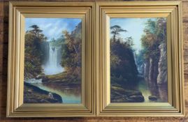 A pair of oils by William James Smith Crampton (British 1855-1935), Waterfall with fisherman, oil on
