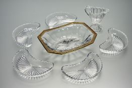 A collection of various decorative glassware comprising, a glass cut bread dish, with gilt greek key