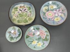 A collection of Chelsea Pottery comprising a footed dish decorated with polychrome enamelled flowers