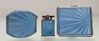 An Art Deco Birmingham silver aquamarine guioche enamel compact with interior mirror: l. x 7.5cm