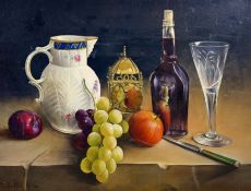 Edward Hasell McCosh (British 1949-), Still Life with creamware beaker jug, grapes, wine and brass