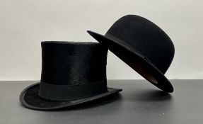 An early 20thC Christies' London Steel & Co Aberdeen black silk top hat, with silk interior and