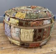 A vintage Indian patchwork pouffe, circular top with cowrie shells and patchwork covering: h.x