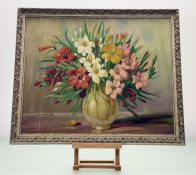 Karl Sascher (Austrian 20thc), Gladioli, oil on board, signed bottom left, paper lable verso, in a