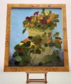 Mayra M Muschner, Stil Life of an Ivy and Pansies Plant Pot, acrylic on board, signed bottom left,