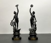 A pair of French Revolution spelter figures, 'Commerce' and 'Industry', raised on circular wooden