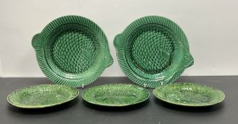 A collection of three Majolica cabbage leaf green plates (d. 19.5cm), together with a pair of French
