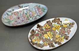 A pair of large footed Chelsea Pottery dishes of oval form, one by Joyce Morgan decorated with