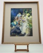 Jill Findlay, Canoe Party, watercolour, signed bottom right, paper label verso, in a glazed