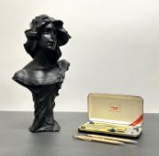 A Thomas Blakemore Ltd desk ornament resin bust of a woman, with light gilt finish (h. 33cm),