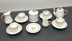 A 19thC Crown Staffordshire morning tea service decorated with pink handles and borders, with hand-
