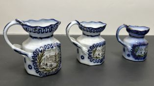 A graduated set of three mid 19thC earthenware royal commemorative jugs, of octagonal form, with