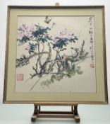 A Chinese School, Blossoming Pink Flowers with Butterflies Still, mixed media on paper, chinese