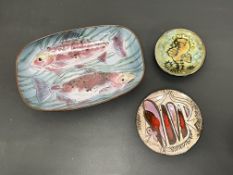 A collection of Chelsea Pottery comprising a footed dish decorated with a fish in pink and red
