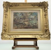 A 20thc School, Rocky Lakeside study, watercolour, unsigned, in a gilt composition frame. (