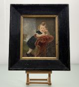 A 19thc School, Full Body Portrait of a Boy Standing on a chair, oil on panel, in a wooden frame. (