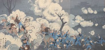 A 19th/20thc Japanese Senso-e Woodlblock print, in Oban triptchic format depiciting Russo-Japanese