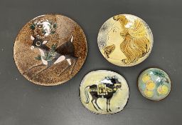 A collection of Chelsea Pottery comprising a footed dish decorated with a deer to the top on a