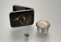 A Japanese black lacquered match case: h. x cm l. x 6cm w. x 4.5cm, a Birmingham silver-topped