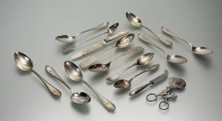 A German 800 standard white metal table spoons with engraved initials M A H: l. x 21cm together with