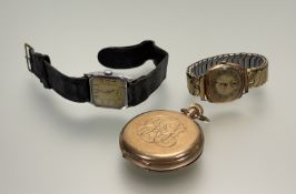 A Waltham USA gold-plated full hunter pocket watch with enamel dial and roman numerals and seconds
