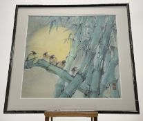 A Chinese School, Perched Sparrows on bamboo, mixed media on paper, red seal mark to side, in a