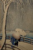After Ohara Koson (Japanese 1877-1945), Snow on Willow Bridge, woodblock print, with inscription and