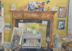Hilary Birch (Contemporary School), Living room interior, ink and wash on paper, inscribed verso, in