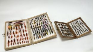 Fishing Interest - Two wooden fly boxes, one containing traditional salmon doubles, and one with a