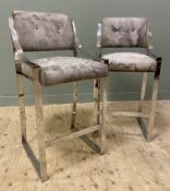 A pair of contemporary breakfast bar stools, button backs and upholstered seat pads, raised on