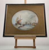 A 20thc School, Mast Ships and a sailboat at sea with figures, watercolour, unsigned, in an oval
